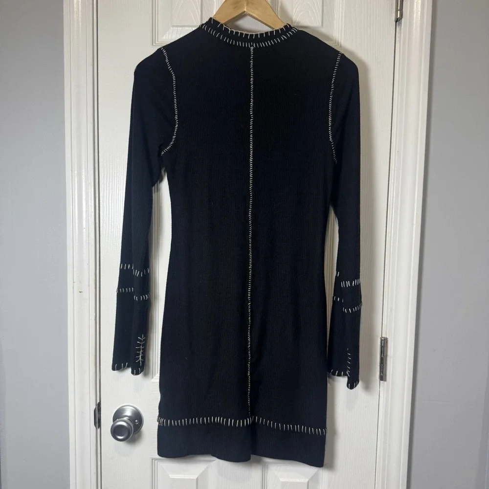 Free People Miranda Mini Dress Black Ribbed White Stitch Size Large Long Sleeve